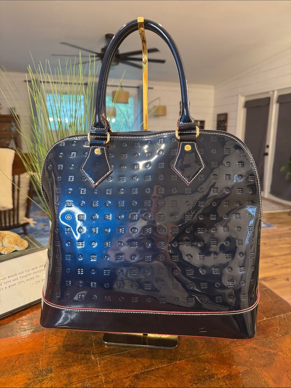 Arcadia Patent Dome Satchel in Navy with Red Trim